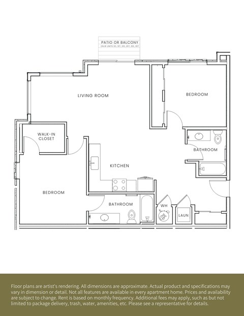 A floor plan of an apartment with a living room, two bedrooms, a kitchen, a bathroom, a laundry area, and a walk-in closet.